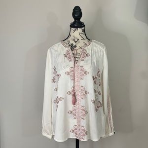 Lucky Brand Ivory Peasant Crinkle Gauze Tassels Embroidery Boho Size:S